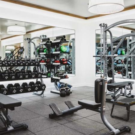 Fitness studio with mirrors offers a various of weights including hand weights and kettlebells at Modera Broadway apartments.