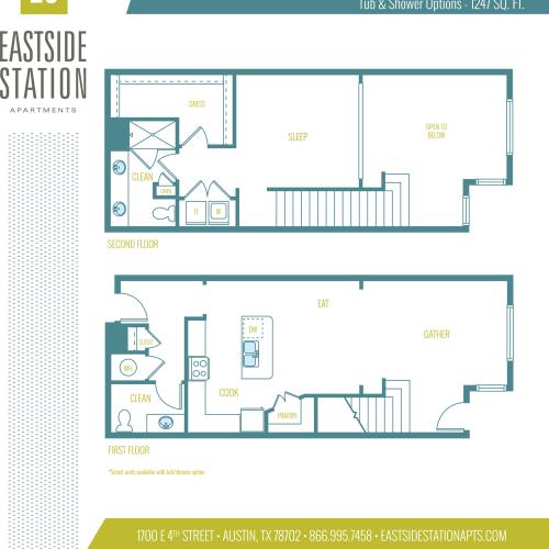 1247 square foot one bedroom loft one and a half bath apartment floorplan image