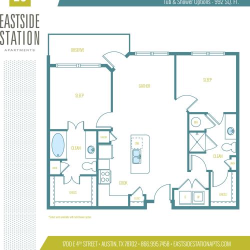 992 square foot two bedroom two bath apartment floorplan image