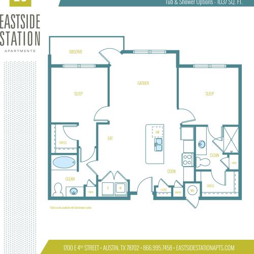 1037 square foot two bedroom two bath apartment floorplan image