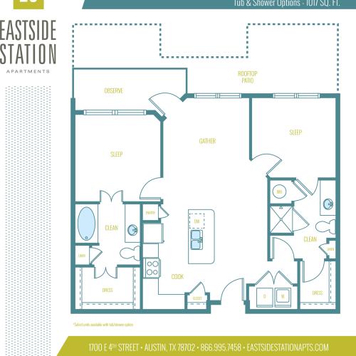 1017 square foot two bedroom two bath apartment floorplan image