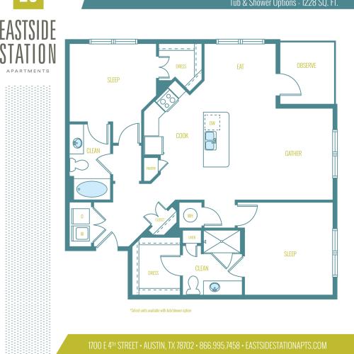 1228 square foot two bedroom two bath apartment floorplan image
