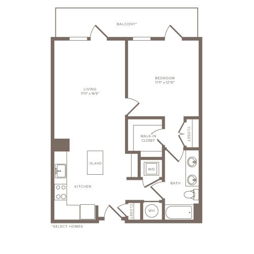 745 square foot one bedroom one bath high-rise apartment floorplan image