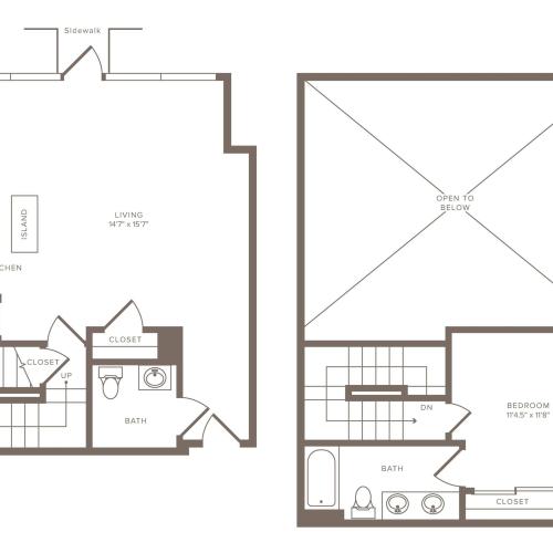 1061 square foot one bedroom two bath loft apartment floorplan image