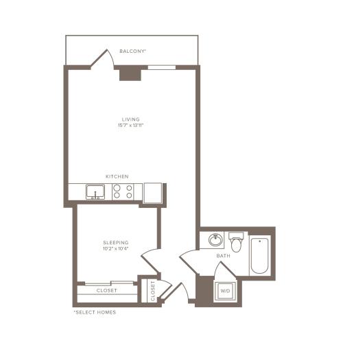 564 square foot one bedroom one bath apartment floorplan image