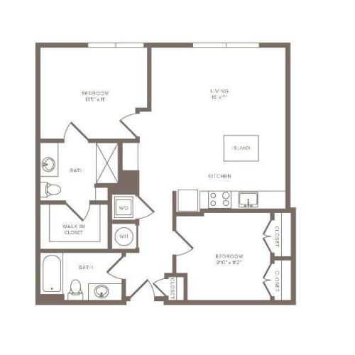 957 square foot two bedroom two bath apartment floorplan image