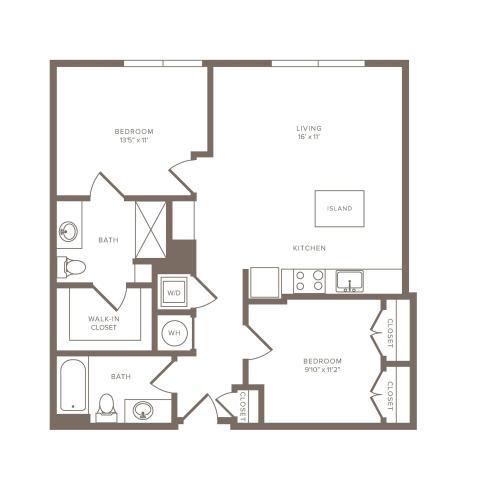 1016 square foot two bedroom two bath high-rise apartment floorplan image
