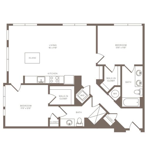 1220 square foot two bedroom two bath ADA apartment floorplan image