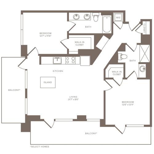 1139 square foot two bedroom two bath high-rise apartment floorplan image
