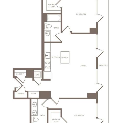 1115 square foot two bedroom two bath high-rise apartment floorplan image