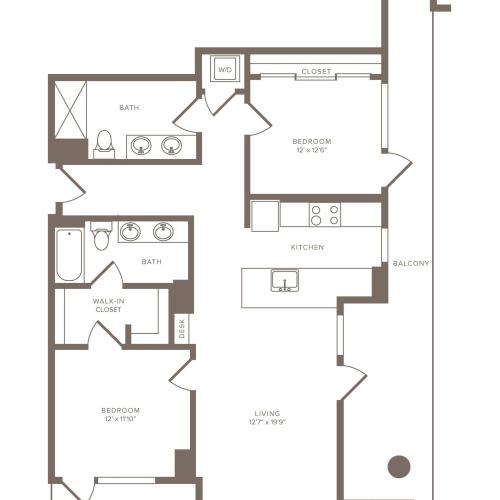 1231 square foot two bedroom two bath high-rise apartment floorplan image