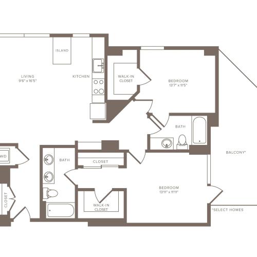 1217 square foot two bedroom two bath penthouse apartment floorplan image