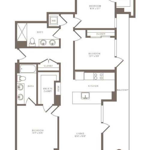 1458 square foot three bedroom two bath penthouse apartment floorplan image