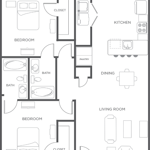 2x2 | Flat - 2 Bedroom Floor Plan | Wildwood Lubbock | Apartments in Lubbock, TX