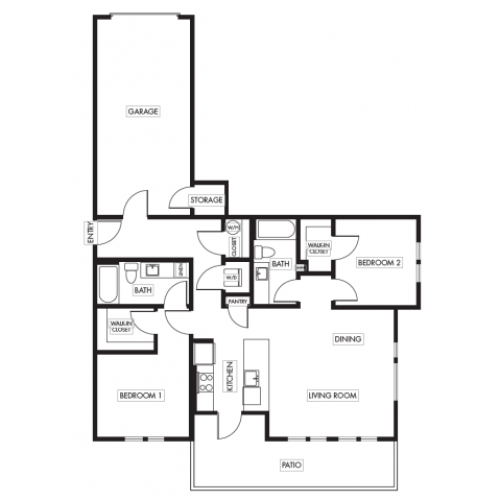 Two Bedroom Two Bath Garden with Garage Floor Plan | Anthology Apartments | Issaquah Apartments