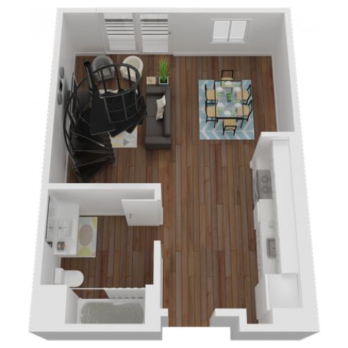 610 sq. ft. downstairs of two-story loft floorplan