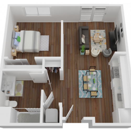 576 sq. ft. one-bedroom, one-bathroom