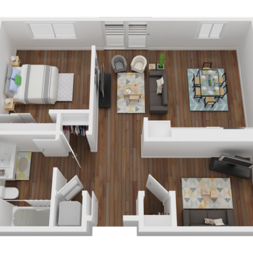 683 sq. ft. one-bedroom, one-bathroom with additional den floorplan