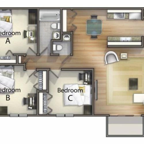 C1 - Three Bedroom | University Oaks | Off Campus Housing Near KSU