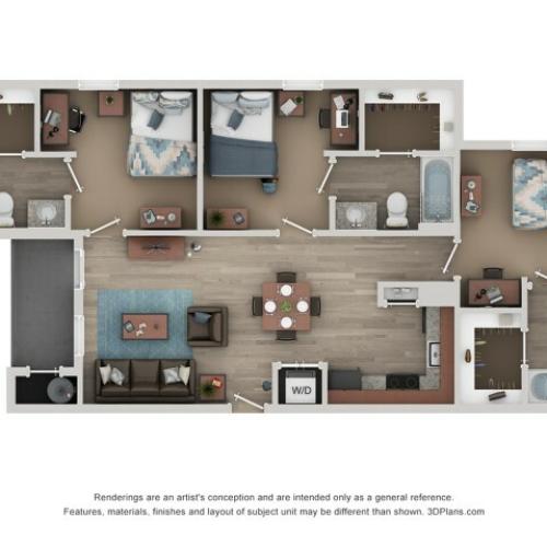 C1 Floor Plan | 3 Bedroom Floor Plan | Flatts at South Campus | Oxford MS Student Apartments
