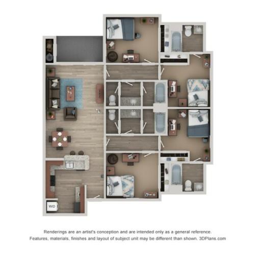 D1 Floor Plan | 4 Bdrm Floor Plan | Flatts at South Campus | Off Campus Apartments Oxford MS