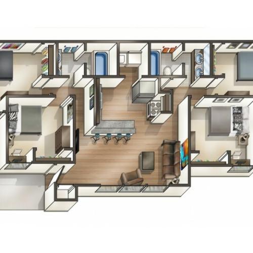 D1 Floor Plan  | 4 Bedroom Floor Plan | Hawks Landing | Miami University Ohio Housing
