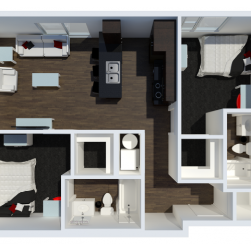 B2 with private balcony | 2 Bdrm Floor Plan | The Cardinal at West Center | Off Campus Apartments near University Of Arkansas