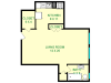 Floor plan of Bantam unit, roughly 490 square feet, with living area, full kitchen, full bathroom, and large living room closet.