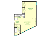 Floor plan of Imperial unit, roughly 645 square feet. Featuring living room, kitchen, bedroom, and bathroom.