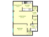 Floor plan of Plymouth, roughly 770 square feet. Featuring living room, dining room, kitchen, bedroom, and bathroom.