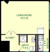 Gosling Studio Floorplan shows roughly 345 square feet, with a living room, kitchen, closet and bathroom.