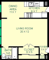 Handel Studio Floorplan shows roughly 500 square feet with a living room, bathroom, bathroom, dining area, kitchen and closets.