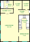 Hyssop Studio Floorplan shows roughly 475 square feet, with a living room, dining room, bathroom, kitchen and closets.