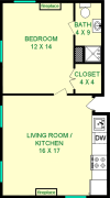 Bellflower one bedroom layout shows roughly 480 square feet with a living room/kitchen combination, a bedroo, bathroom, and clsoets.