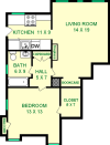 Boltonia one bedroom floorplan shows roughly 650 square feet, with a bedroom, living room, bath, kitchen and closet.