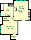 Bellis one bedroom floorplan shows roughly 650 square feet, with a bedroom bathroom, living room/ kitchen combination and closets.
