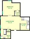 Brunnera one bedroom shows roughly 775 Square feet with a bedroom, living room, bathroom, kitchen and closets.