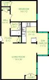 Glenwood One Bedroom Floorplan shows roughly 844 square feet, with a living room, bedroom, hall, sun parlor, ktichen and private bathroom