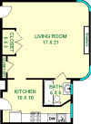 Lovejoy studio apartment shows roughly 510 square feet, with a living room, kitchen, bathroom and closets