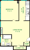 Thaw One Bedroom floorplan is roughly 475 square feet, with a living room, bathroom, bedroom kitchen and closets.