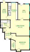 Frew One Bedroom floorplan shows roughly 725 square feet, with a mud room, kitchen, den, foyer, bathroom bedroom and living room.