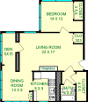 Hunt One Bedroom floorplan shows roughly 885 square feet with a living room, bedroom, dining room, bathroom, kitchen and den. Multiple closets are shown.