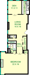 Westinghouse One Bedroom floorplan shows roughly 990 square feet with a bedroom, 1.5 bathrooms, a living room, den, kitchen and multiple closets.