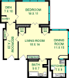 Frick two bedroom floorplan shows roughly 1010 square feet with two bedrooms, a living room, bathroom, dining room, kitchen and den.