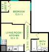 Faraday One Bedroom floorplan shows roughly 370 square feet, with a bedroom, living room/kitchen, bathroom and a foyer/hall