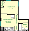 Steinmetz One Bedroom floorplan shows roughly 370 square feet, with a bedroom, living room/kitchen and a bathroom.