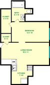 Latimer One Bedroom Floorplan shows roughly 485 square feet, with a living room, bedroom, bathroom, kitchen and closets.