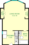 Camellia Studio Floorplan shows roughly 280 square feet with a Living Room, bathroom, kitchen and two closets.