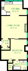Almond One Bedroom floorplan shows roughly 560 square feet, with a living room bedroom, bathroom, and a kitchen