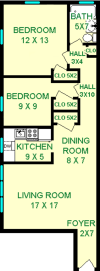 Faulkner Two Bedroom floorplan shows roughly 658 square feet, with two bedrooms, a living room, dining room, kitchen, bathroom, foyer and closets.